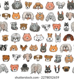 Dog funny animal face vector seamless pattern.