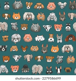 Dog funny animal face vector seamless pattern.