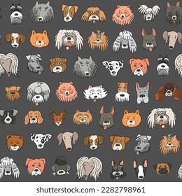 Dog funny animal face vector seamless pattern.