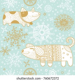 Dog funny cartoon doodle vector seamless pattern. Christmas card with snowflakes background. Adult coloring  page.