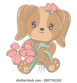 Dog in a funny cartoon style. Cute animal illustration for baby products. The animal in the vector smile cutely and has beautiful eyes. Illustration for children's parties.