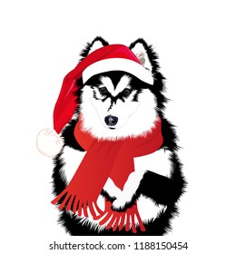 Dog in a funny Santa's red cap. Vector illustration.
