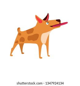 dog funny, with toy in teeth, cartoon style, vector illustration isolated on white background