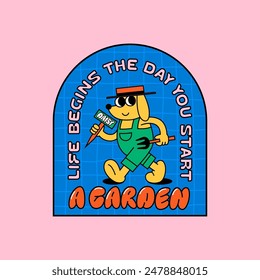 Dog Gardener in Funny Retro Style. Vector Sticker with Cartoon Character and Fun Quote. Farmer and Agriculture Illustration