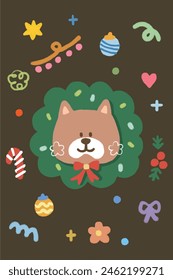 dog and garland with colorful sprinkle. illustration Christmas card decoration.	