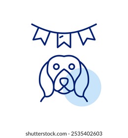 Dog and garland of flags. Pet birthday party and celebration, animal festival. Pixel perfect vector icon