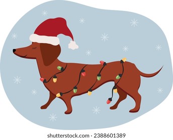 A dog with a garland, wearing a Santa hat. Dachshund. Vector.