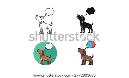 A dog gazing upwards with a thought bubble, presented in line art, solid black silhouette, and colorful variations. Conveys curiosity or anticipation.