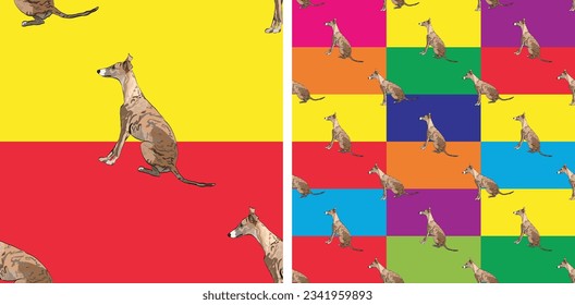 Dog geometric pattern, several colors. Elegant, soft seamless background, abstract background with whippet dog background. Birthday present, Clean style, plain wrapping art with colored lines.