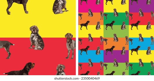 Dog geometric pattern, several colors. Elegant, seamless background, abstract background with Wirehaired Pointing Griffon sitting and standing dogs. Birthday present, clean style, plain wrapping art.