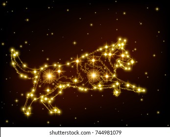 Dog German Shepard from the realistic beautiful gold stars and lineart on black background. Card with New Years mood. Vector illustration. It is possible to use on transparent.
