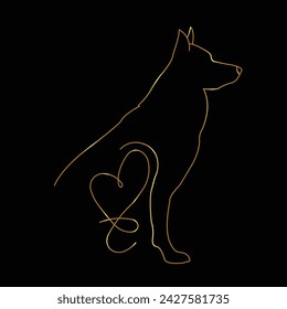 Dog. German Shepherd. Line art. Contour vector illustration. Continuous line drawing. Gold isolated on black background. Dog sketch. For banner, logo, tattoo, wall art, mug, t shirt. Silhouette design