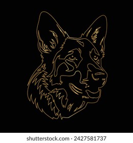 Dog. German Shepherd. Line art. Contour vector illustration. Continuous line drawing. Gold isolated on black background. Dog sketch. For banner, logo, tattoo, wall art, mug, t shirt. Silhouette design