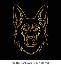 Dog. German Shepherd. Line art. Contour vector illustration. Continuous line drawing. Gold isolated on black background. Dog sketch. For banner, logo, tattoo, wall art, mug, t shirt. Silhouette design