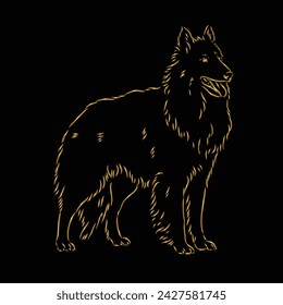 Dog. German Shepherd. Line art. Contour vector illustration. Continuous line drawing. Gold isolated on black background. Dog sketch. For banner, logo, tattoo, wall art, mug, t shirt. Silhouette design