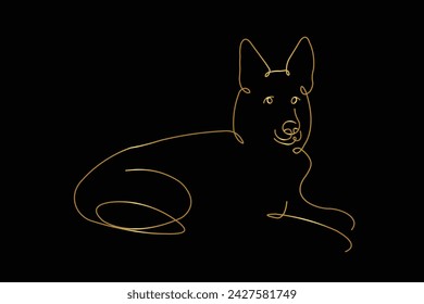 Dog. German Shepherd. Line art. Contour vector illustration. Continuous line drawing. Gold isolated on black background. Dog sketch. For banner, logo, tattoo, wall art, mug, t shirt. Silhouette design