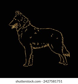 Dog. German Shepherd. Line art. Contour vector illustration. Continuous line drawing. Gold isolated on black background. Dog sketch. For banner, logo, tattoo, wall art, mug, t shirt. Silhouette design