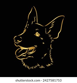 Dog. German Shepherd. Line art. Contour vector illustration. Continuous line drawing. Gold isolated on black background. Dog sketch. For banner, logo, tattoo, wall art, mug, t shirt. Silhouette design