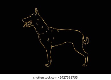 Dog. German Shepherd. Line art. Contour vector illustration. Continuous line drawing. Gold isolated on black background. Dog sketch. For banner, logo, tattoo, wall art, mug, t shirt. Silhouette design