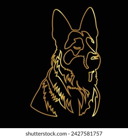 Dog. German Shepherd. Line art. Contour vector illustration. Continuous line drawing. Gold isolated on black background. Dog sketch. For banner, logo, tattoo, wall art, mug, t shirt. Silhouette design