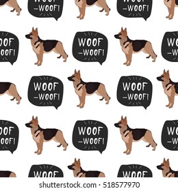 Dog german shepherd seamless pattern colorful with banner woof-woof