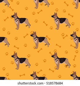 Dog german shepherd seamless pattern colorful with bones and foot prints