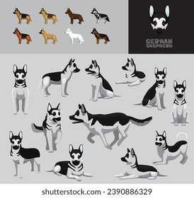 Dog German Shepherd Silver Coat Cartoon Vector Illustration Color Variation Set