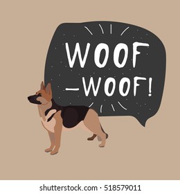 Dog german shepherd vector illustration colorful with hand drawn banner woof-woof