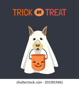 Dog in ghost costume with Halloween bucket vector illustration. Cute spooky ghost dog, candy bucket cartoon design element. Trick or Treat fun background. Happy Halloween holday celebration decoration