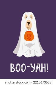 Dog in ghost costume and Halloween bucket vector illustration  Cute spooky ghost dog  Happy Halloween holday celebration decoration 