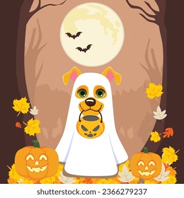 Dog in ghost costume and Halloween bucket vector illustration  Cute spooky character doggie holding candy bucket and mouth  Trick Treat fun cartoon background for Halloween holiday celebration de
