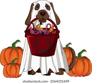 Dog in ghost costume with halloween bucket of candy vector