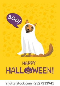 Dog in ghost Halloween trick or treat costume. Cute Pets dressed for carnival party cartoon. vector cartoon illustration for banner, sticker label.  