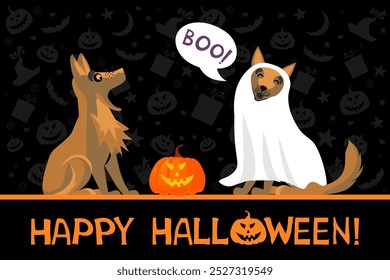 Dog in ghost Halloween trick or treat costume. Cute Pets dressed for carnival party cartoon.  Cartoon illustration for banner, sticker label.  Сomic, funny. Vector illustration