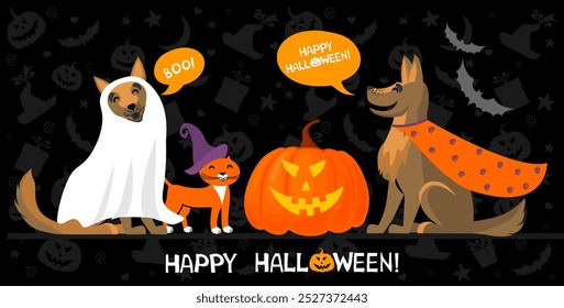 Dog in ghost Halloween trick or treat costume. Cute Pets dressed for carnival party cartoon.  Cartoon illustration for banner, sticker label.  Сomic, funny. 