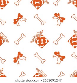 Dog Gift Bone Seamless Pattern. Playful Christmas Background for pets in doodle style with falling present box with tied bow and treat symbols. Holiday repeat vector illustration