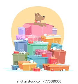 The dog as a gift. Boxes of different colors with gifts