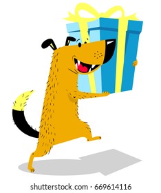 Dog with gift. Cute pet carry a gift box.  Cheerful animal character vector illustration.