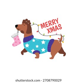 Dog with Gift vector sticker illustration.