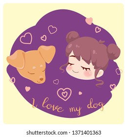 Dog and girl. Colored cartoon characters. Red dog scarf. A girl with brown hair. Composition for design. Text - I love my dog. Vector illustration for design, print on t-shirt, bag, notebook, card.