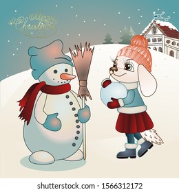 dog girl dressed in jackets and hat sculpt a snowman on a background of a winter landscape, color vector illustration