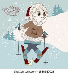 A dog girl dressed in a winter jacket with fur and a red hat is skiing on a background of a winter landscape, vector color illustration