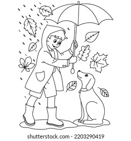 Dog And Girl On A Rainy Day Autumn Leaves Maple Leaf Fall Season Coloring Illustration Pages