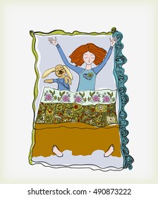 Dog and girl sweet sleep.  Girl and dog sleeping under the covers, smiling happily in her sleep. Vertical vector illustration.