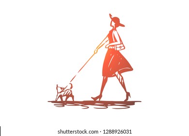 Dog, girl, walk, pet, animal concept. Hand drawn open book with empty pages concept sketch. Isolated vector illustration.