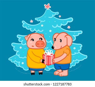 The dog gives a gift to a pig in a yellow sweater on the background of a cute New Year tree