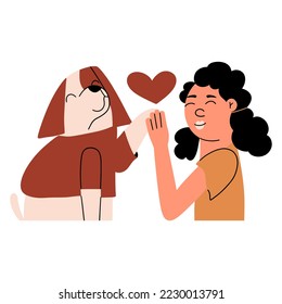 The dog gives a paw to the girl. The concept of mental therapy communicating with animals. Vector illustration in flat style
