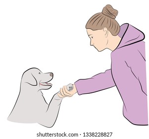 dog gives paw to man. vector illustration.