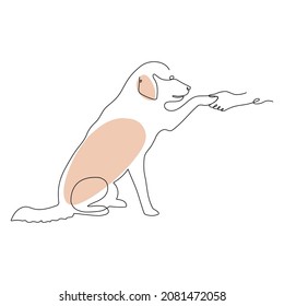 The dog gives the paw to the owner. One line design. Vector illustration.