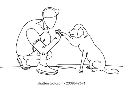 The dog gives a paw to the owner. Teaching pet commands. World Day Against Pet Abandonment. One line drawing for different uses. Vector illustration.